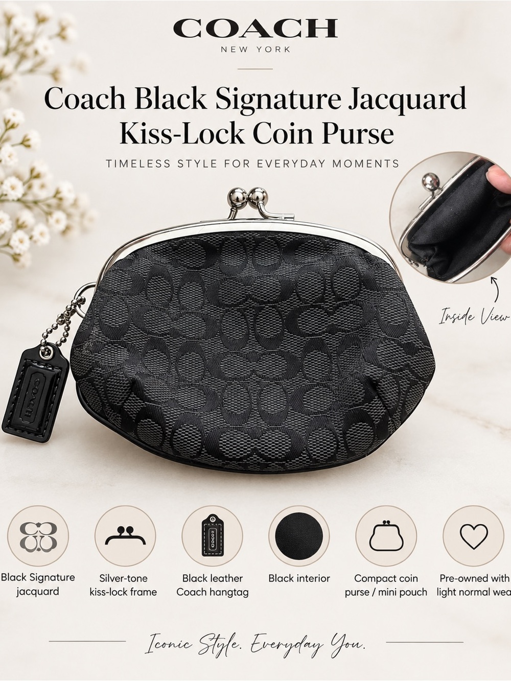 Coach Black Signature Jacquard Kiss-Lock Coin Pouch